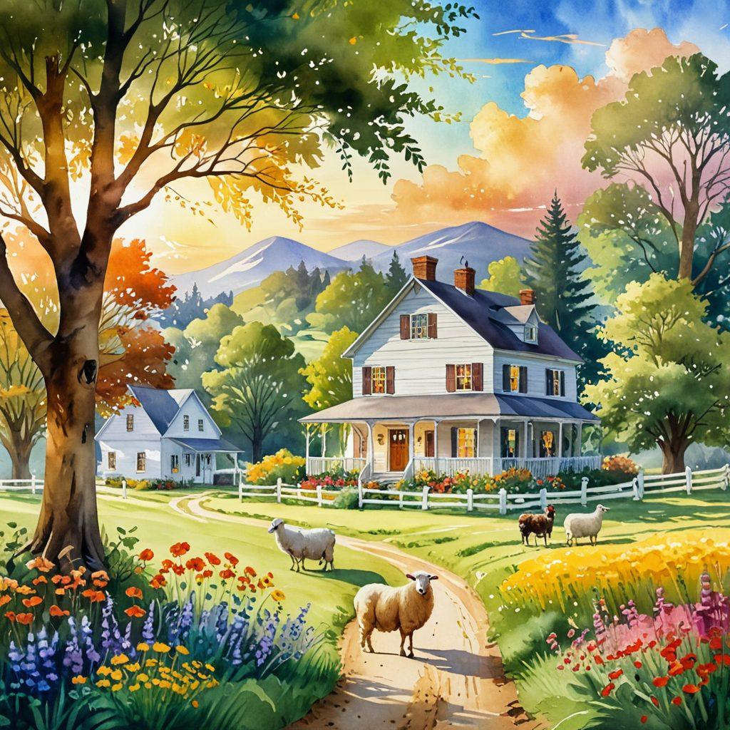 A serene rural landscape featuring a lush green farm with golden fields, colorful flowers, and a quaint farmhouse. A joyful farmer tending to vibrant crops, surrounded by friendly animals like sheep and chickens. Sunlight streaming through the trees, casting a warm glow on the scene, symbolizing harmony and sustainability. The scene should evoke a sense of peace and connection to nature. watercolor painting. vibrant colors. soft focus.